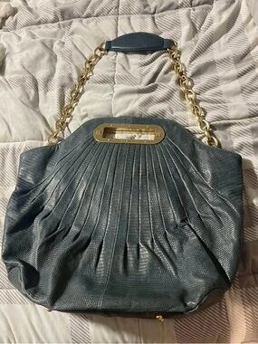 BCBGMAXAZRIA Pleated Dark Blue Snakeskin Textured Leather Purse w/ Gold accents